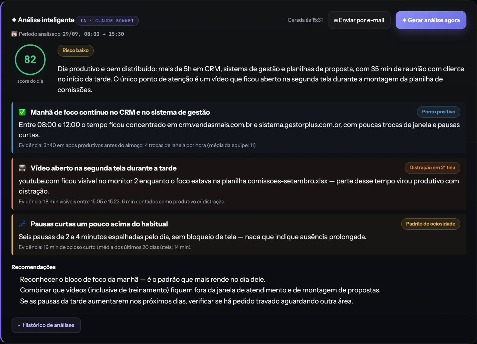 Print real da Análise inteligente de um colaborador, com nota, risco, achados e recomendações