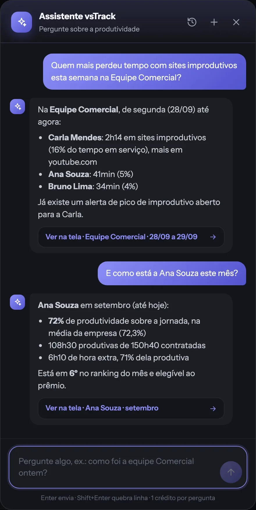 Print real do assistente Perguntar à IA respondendo, com os números da equipe e o link Ver na tela