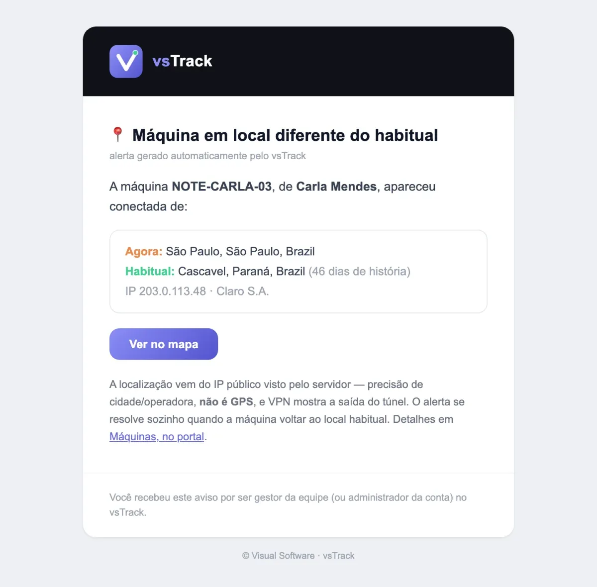 Print real do e-mail de alerta: Notebook fora do local habitual