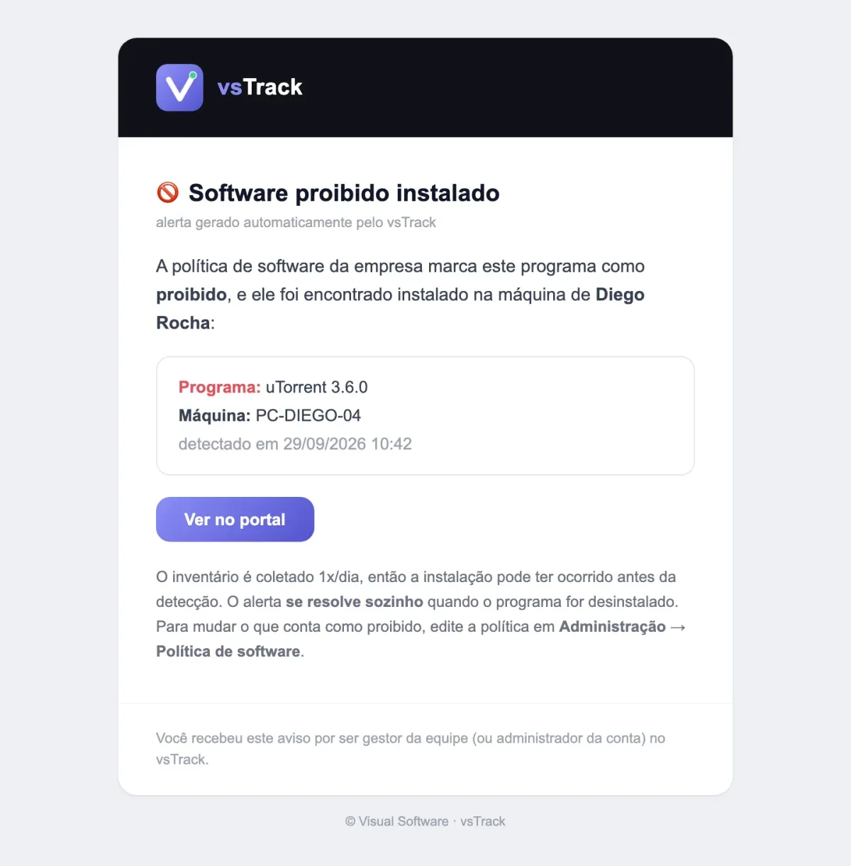 Print real do e-mail de alerta: Software proibido instalado
